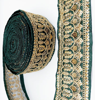 2 Yards, Dark Green Gold Embroidered Lace Trim Sequins Trim Decorative Sari Border Costume Ribbon Crafting Sewing Tape